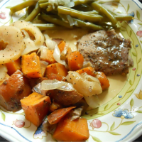 Pork Chops with Apples, Onions, and Sweet Potatoes Rec… image