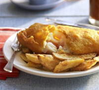 Golden beer-battered fish with chips recipe | BBC Good Food image