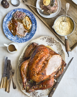 Brined barbecued turkey with a rich gravy - delicious. magazine image