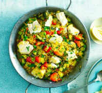 Smoked paprika paella with cod & peas recipe - BBC Good Food image