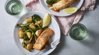 Salmon with roasted miso vegetables recipe - BBC Food image